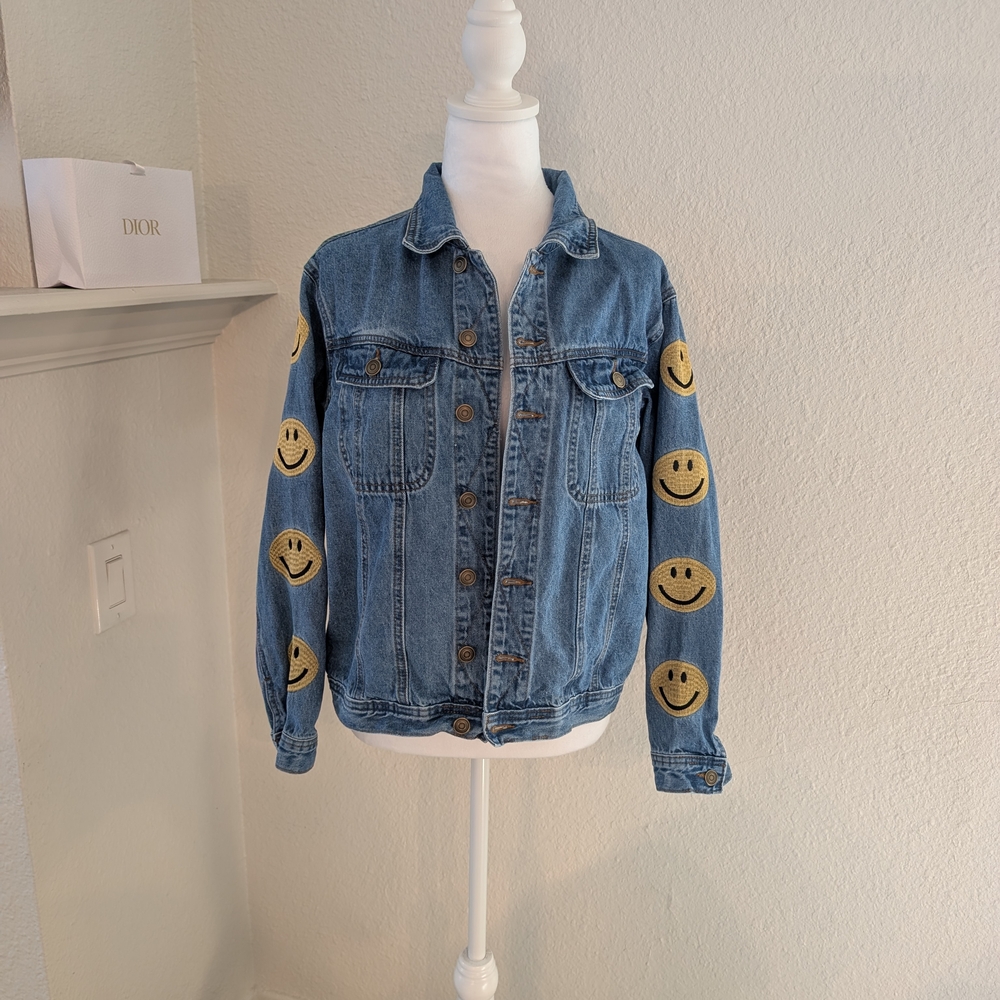 Fashion Nova Vintage Denim Embroidered Smile Jacket